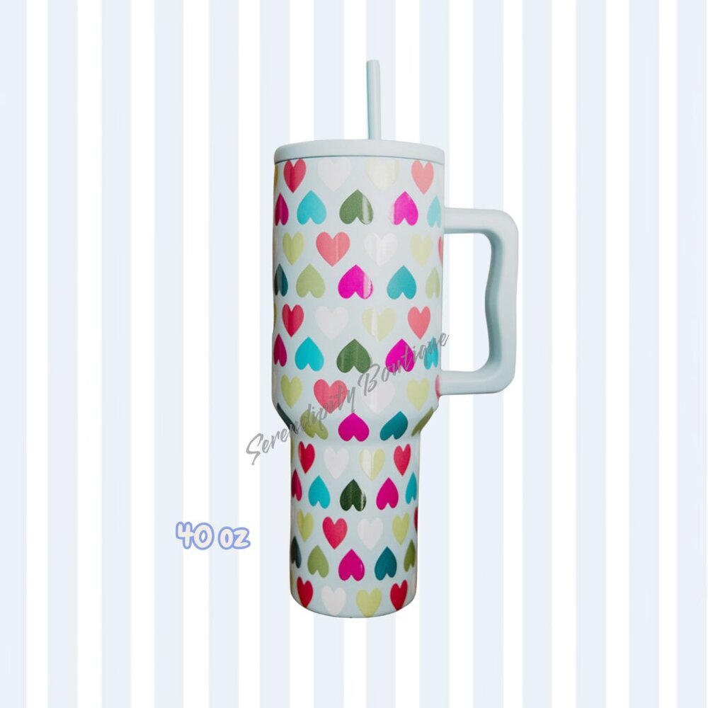 Girly Pastel Hearts 40 oz Spill Proof Hot or Cold Giant Tumbler with Straw - Picture 4 of 6